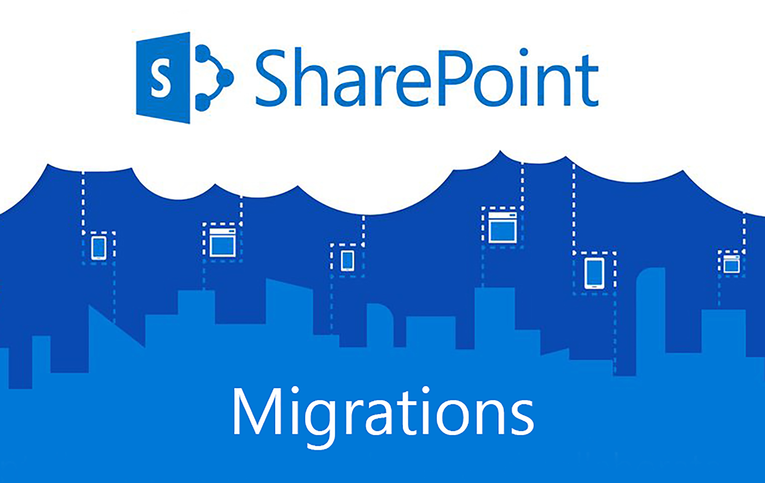 a Microsoft SharePoint logo that says the word migrations