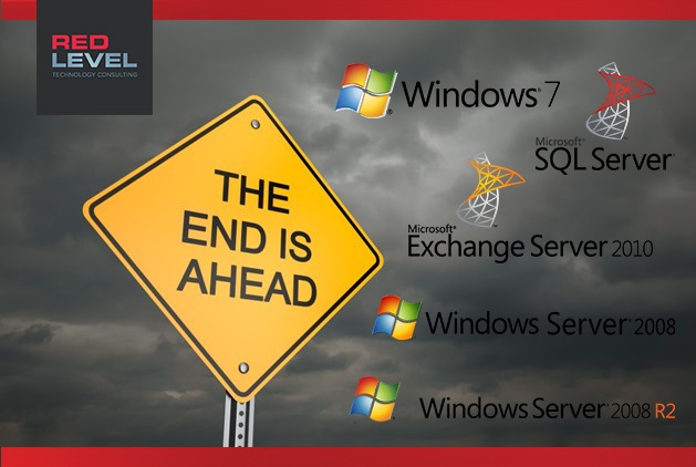 a road sign that says the end is ahead with Microsoft logos surrounding it with dark black storm clouds in the background