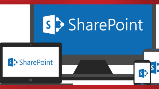 a computer, ipad, and cell phone that is displaying Microsoft SharePoint logo